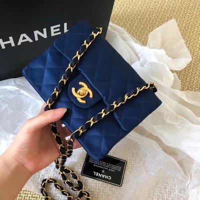 全配Chanel vintage 藍金緞面方胖子鍊條包 20210728
