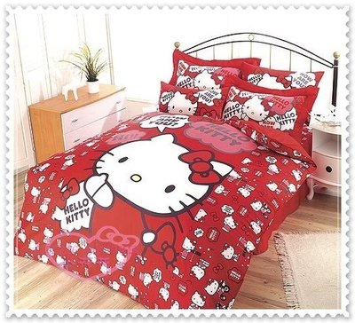 ♥小花凱蒂日本精品♥Hello Kitty 嗨~你好嗎系列-雙人四件式床包被套組(紅)