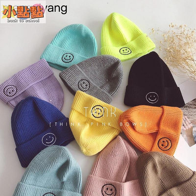 【小點點】🍼ins韓國同款馬卡龍色系刺繡笑臉兒童針織帽瓜皮帽子寶寶潮毛線帽