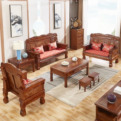 【現貨】實木沙發組合現代客廳木質香樟木家具三人仿古冬夏兩用中式木沙發