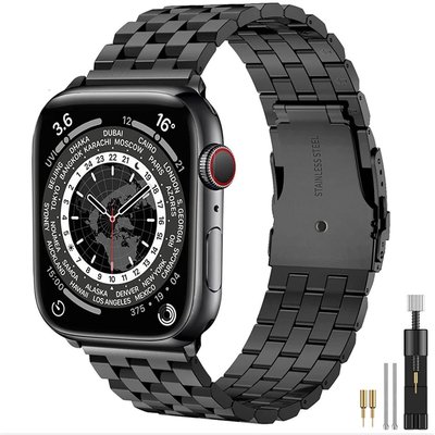 適用蘋果apple watch7 6 SE 5 4 3 2 1五珠不銹鋼新款錶帶 iwatch金屬智能手錶錶帶