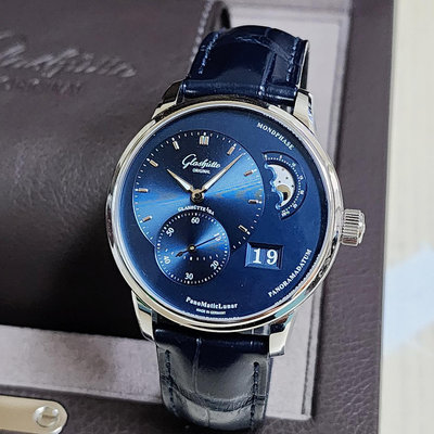 收訂 保留中 【個人藏錶】 GO 格拉蘇蒂 偏心 大日期 月相 藍面 2022全套 美錶 台南二手錶