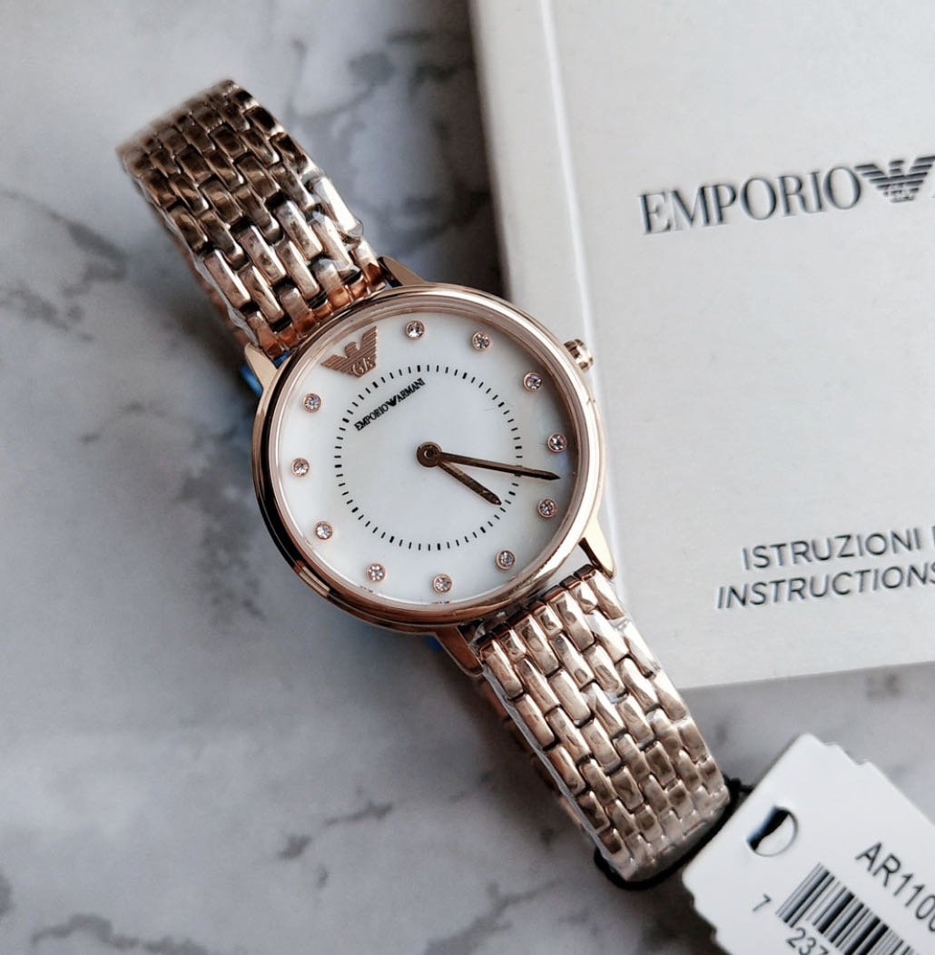 EMPORIO ARMANI Kappa 珍珠貝母錶盤玫瑰金色不鏽鋼錶帶石英
