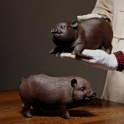 三友社 黑檀木雕福豬擺件實木質雕刻幸福豬一對家居客廳裝飾紅木工藝禮品xf
