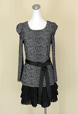 貞新 LORANZO ROMANZA 品牌 黑色豹紋圓領長袖棉質洋裝M(36號)(32424)