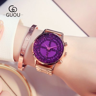新款手錶女 百搭手錶女GUOU古歐新款潮流時尚女士鋼帶石英手錶個性大錶盤氣質水鉆腕錶女