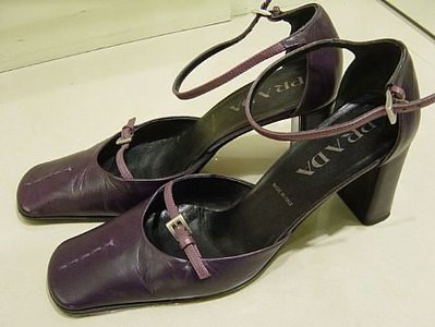 100%真品 Prada 超美葡萄紫復古風圓頭小羊皮 娃娃鞋 高跟鞋 瑪莉珍鞋 原價15000