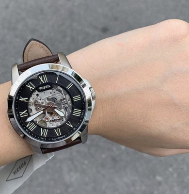 FOSSIL Grant 黑色配銀色 鏤空錶盤 羅馬數字 棕色皮革錶帶 自動機械錶 ME3095