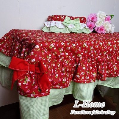 紅底小碎花+綠格紅蝴蝶結桌巾/桌布