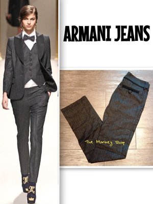 【 The Monkey Shop】義大利製 全新正品 Armani Jeans 羊毛深灰色條紋 毛褲 休閒褲 西裝褲