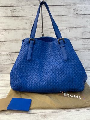 《真愛名牌精品》BOTTEGA VENETA 寶藍色編織牛皮 肩背包/購物包*85成新*