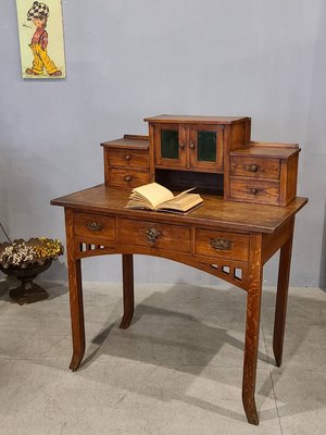【卡卡頌  歐洲古董】Antique! 法國 手工 老橡木 鑲嵌玻璃 純銅雕刻把手 百年 書桌 寫字桌 t0396 ✬