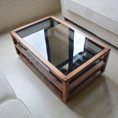 北歐雙層雅黑鋼化玻璃茶几長方形實木桌簡約現代藝術設計家俱