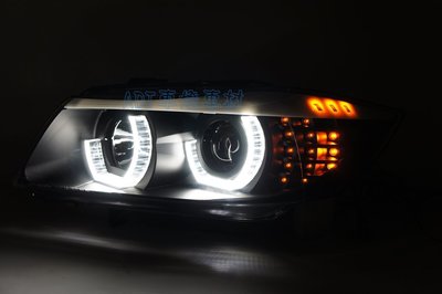 ~~ADT.車材.車材~~BMW E90 E91 LCI  U型光圈魚眼+LED方向燈黑底大燈組