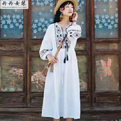冰 棉 棉麻 民族風長裙繡花白洋裝度假旅行-丹丹女裝