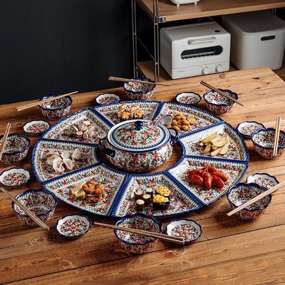圓桌套餐盤子陶瓷拼盤餐具組合套裝扇形家庭家用網紅聚餐菜盤團圓-特價