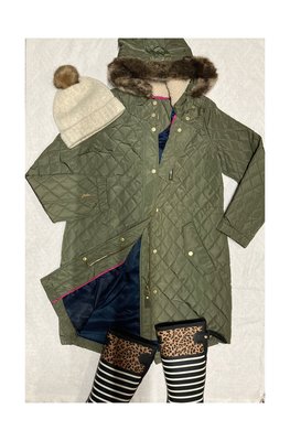 Miolla 英國品牌Joules淺灰綠色內裡花朵腰間繫帶菱格紋鋪棉長版外套