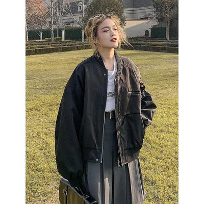 黑色短版外套女春秋新款oversize棒球服夾克外套學生工裝上衣