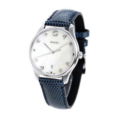 GUCCI YA1264049 古馳 手錶 36mm 白色面盤 藍色皮錶帶 女錶  男錶