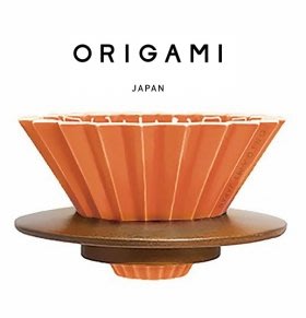 【豐原哈比店面經營】日本ORIGAMI 摺紙咖啡陶瓷濾杯組-M(含木座)橘色
