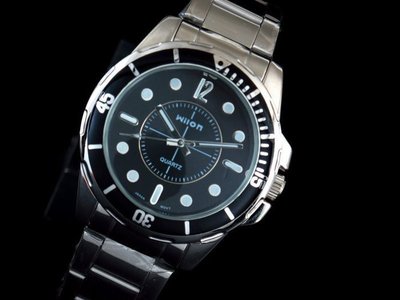 超清晰wilon水鬼王風格石英錶不鏽鋼製錶帶黑面板白刻度
