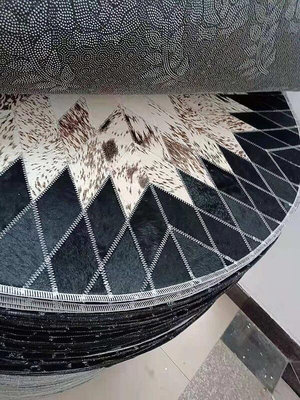 圓形牛皮書房地毯處理黑白拼接圓毯真皮幾何客廳手工 家用