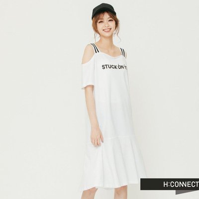 H:CONNECT 韓國品牌 露肩一件式文字魚尾洋裝 白