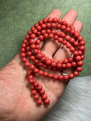 早期收藏老料佛家七寶有機寶石紅珊瑚圓珠108顆-7.5mm
