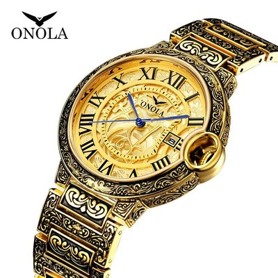 【潮鞋基地】ONOLA經典爆款時尚復古男士大盤金表鋼帶 石英手錶男款3813