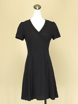貞新二手衣 wanko 專櫃 黑色V領短袖棉質緞面洋裝S(34號)(22323)