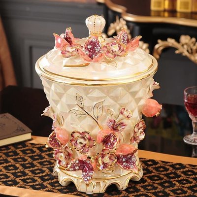 粉紅玫瑰精品屋～歐式陶瓷浮雕花垃圾桶 美式復古收納筒～