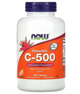 素食 維他命 C-500 可咀嚼 天然 橙汁 口味 500mg 100片 維生素《Now Foods》錠劑 美國 健而婷