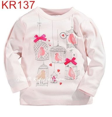 小確幸衣童館KR137歐美款純棉粉色甜美華麗小鳥籠長袖T立體蝴蝶結