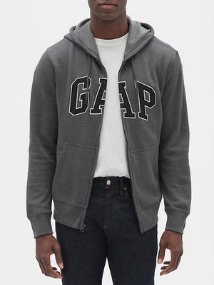 【Gap】男裝大人鐵灰色連帽外套Logo棉質刷毛長袖連帽外套 帽T 連帽T恤