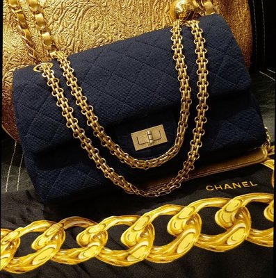 Chanel 2.55金鍊經典棉布手提肩背復刻款包包Vintage 海軍藍23cm 1960年代