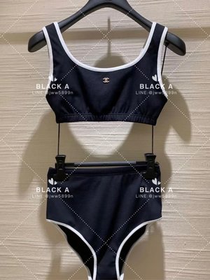 【BLACK A】精品CHANEL 22春夏新款 黑色拼接白色滾邊羅紋彈性平織布二件式泳衣泳裝