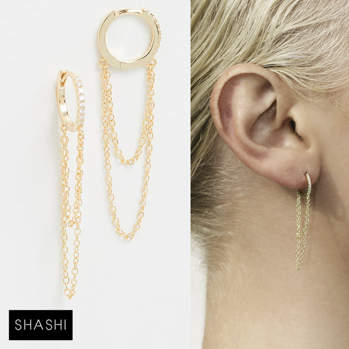 SHASHI 紐約品牌 Pave Chain 鑲鑽圓形耳環 金色流蘇耳環