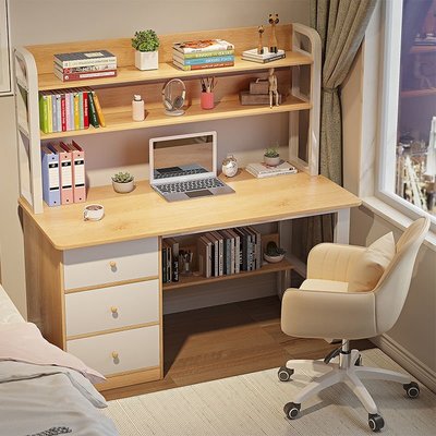 書桌書架一體北歐現代簡約家用學生寫字學習桌臥室實木色電腦桌子-小熊百貨
