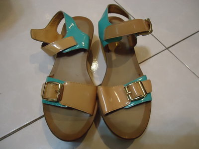 Fair Lady 棕色+天藍色真皮厚底涼鞋,尺寸:6,鞋內長:23.6cm,跟高:5cm,少穿極新,出清大降價