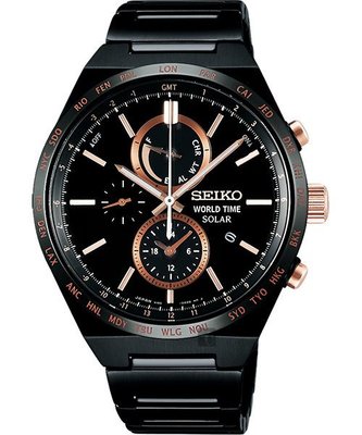 SEIKO精工 SPIRIT 太陽能兩地時間計時腕錶(SBPJ039J)-鍍黑/41mm V195-0AE0K