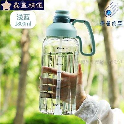 ↂ▤大容量水壺 tritan 近2000ml ins風簡約大號提手提把素色刻度吸管直飲運動健身高質感兩公升大水壺~鑫星精選