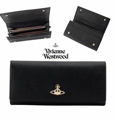 Vivienne Westwood ( 黑色×金屬銀色土星LOGO)  防刮壓紋 真皮 兩摺長夾 皮夾 錢包｜100%全新正品｜特價！