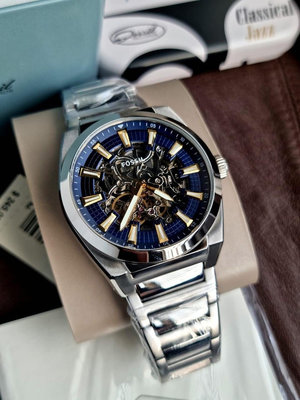 FOSSIL Everett 藍色鏤空錶盤 銀色不鏽鋼錶帶 男士 自動機械腕錶 ME3220