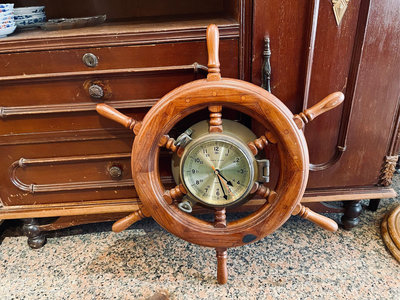 Vintage早期復古懷舊海洋風實木銅製舵輪掛鐘 時鐘 電影道具展店佈置