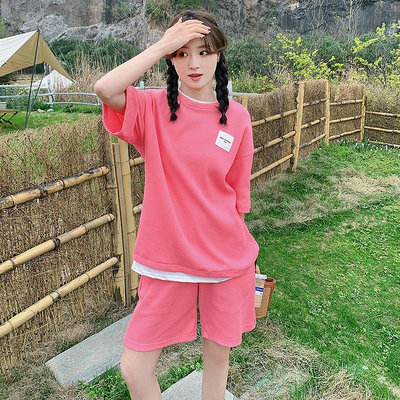 粉紅色華夫格短袖短褲休閒套裝女小個子夏季鹽系時尚運動二件套潮