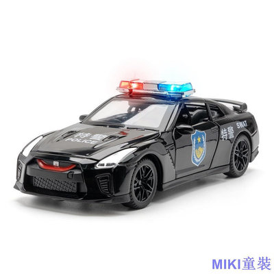 MK童裝1:32 NISSAN GTR 警察合金汽車模型燈光和音效壓鑄汽車玩具男孩生日禮物兒童玩具汽車系列