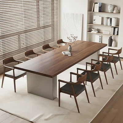實木會議桌胡桃木色簡約現代辦公桌大板原木長方形長桌會議室北歐