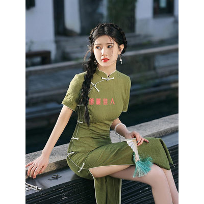 綠色旗袍新款2024年輕款少女新中式改良洋裝平時可穿夏季日常女
