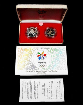 冬季奧運第1回1998年《 五千円銀貨+500円紀念幣 》銀幣精制盒裝套幣