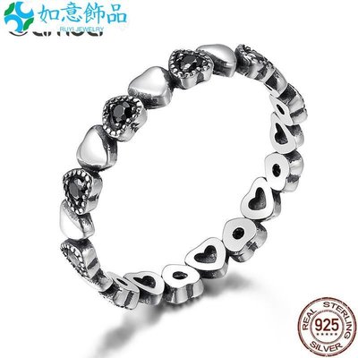 Bamoer 925 真正的銀色可疊放戒指心形黑色 CZ 指環, 用於女士結婚珠寶 SCR40~如意飾品